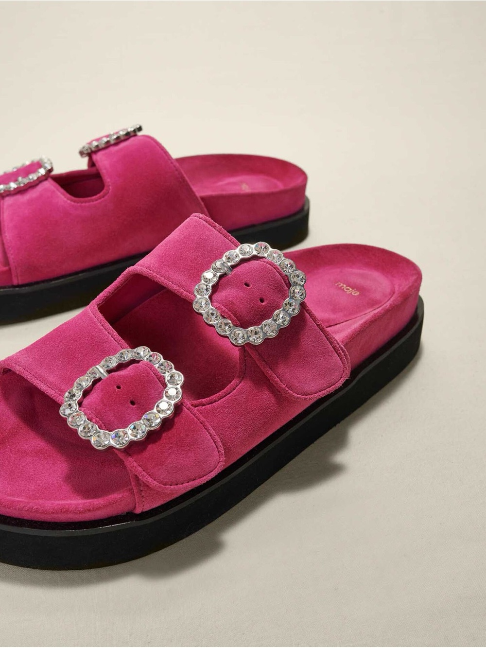 Maje Hot Pink Suede Crystal-Buckle Slide Sandals